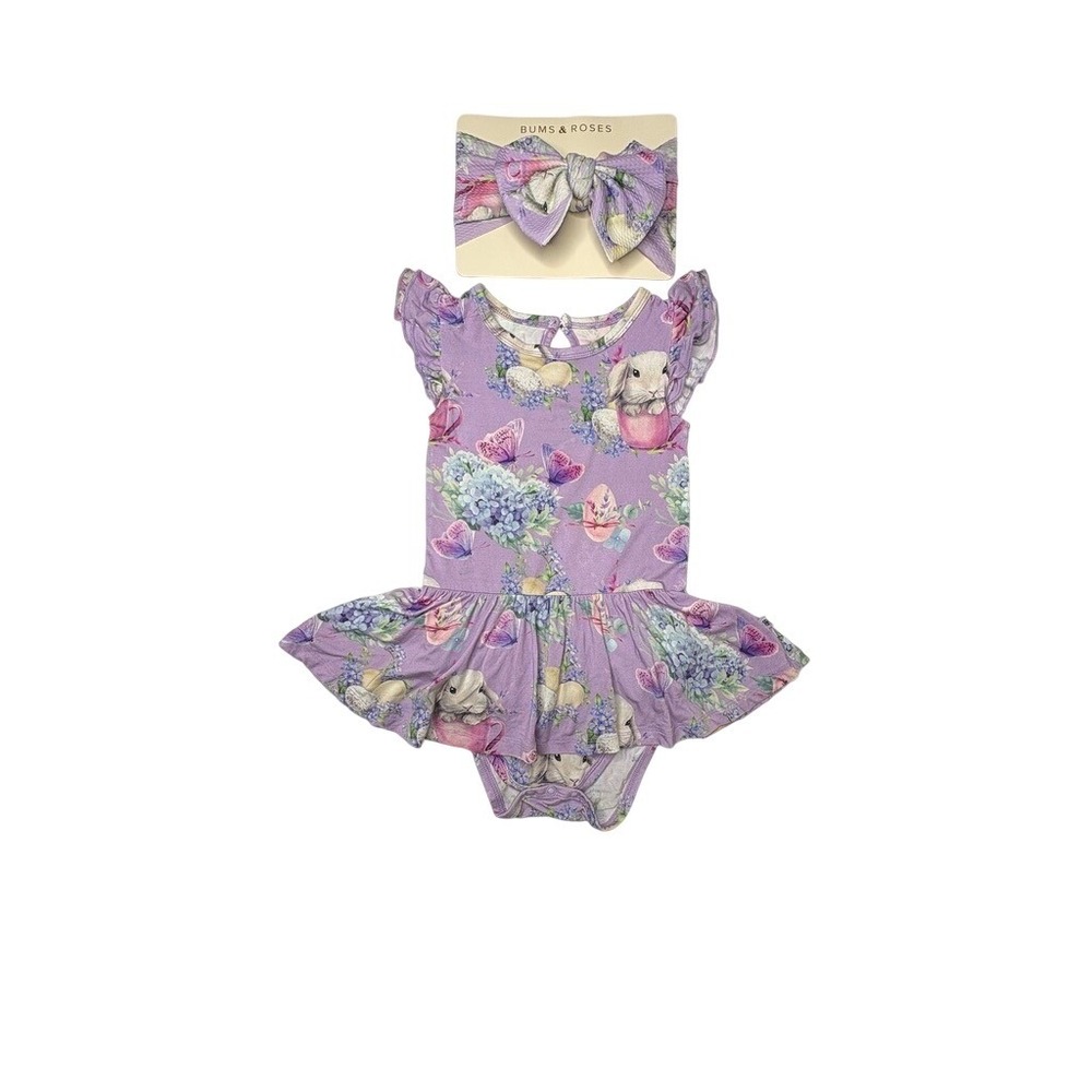 Bums & Roses Par-Tea Easter Bunny Floral Purple Twill Dress 2T w/Headband